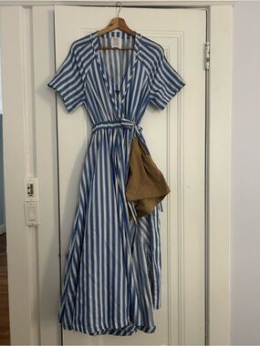 Rosie Assoulin Blue and White Striped Wrap Maxi Dress